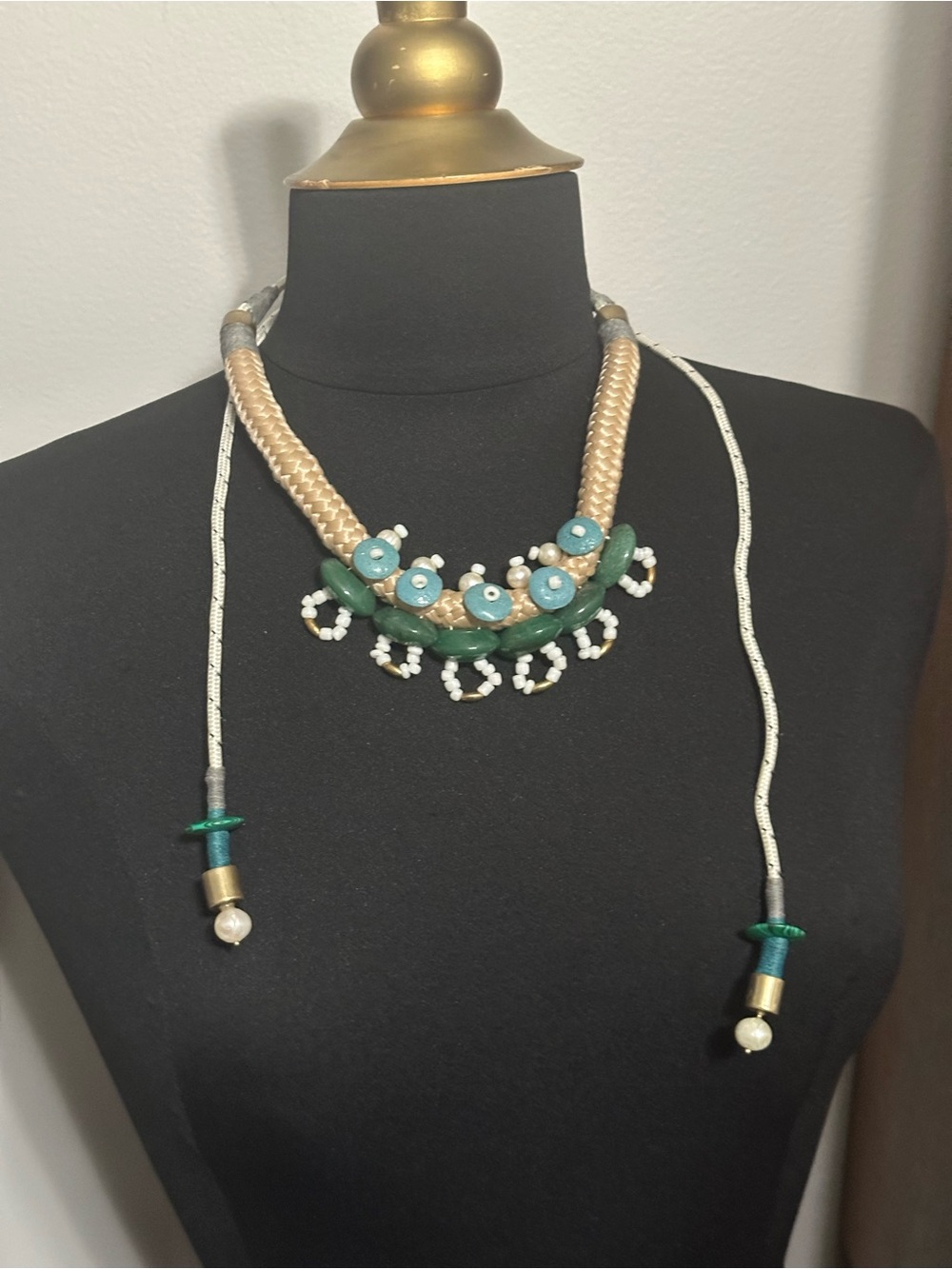 Green and Beige Rope Statement Necklace